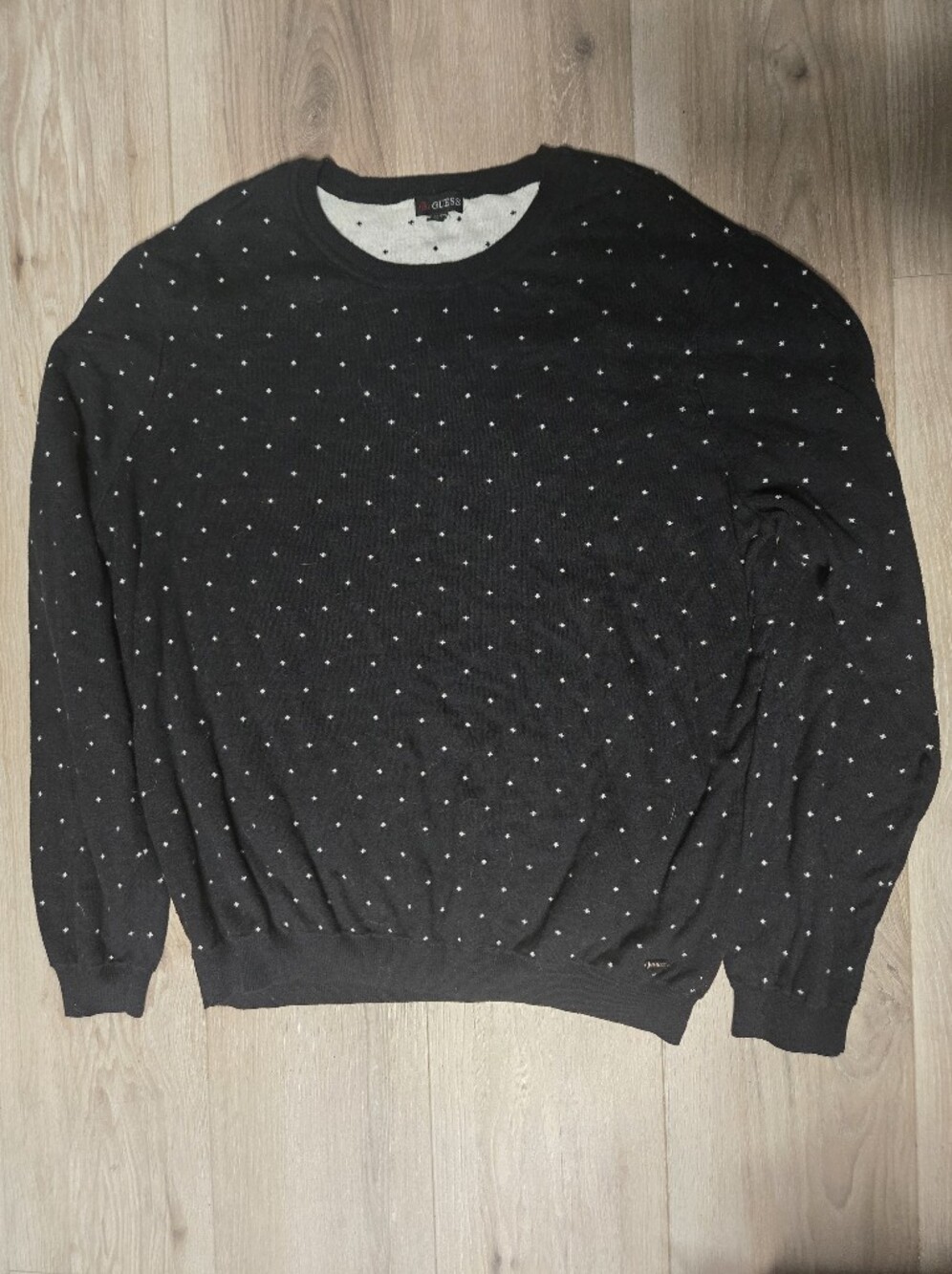 Guess Black Crewneck Sweater with White Pin Dots - Size XXL